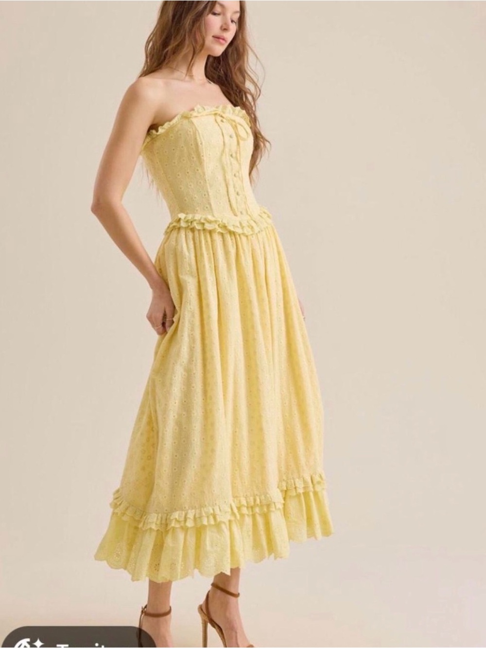 Altar'd State Strapless Yellow Eyelet Midi Dress - Picture 3 of 7